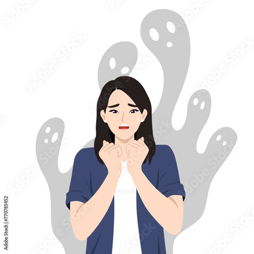 Asian woman with Schizophrenia or post traumatic stress mental disorder. Flat vector illustration isolated on white background