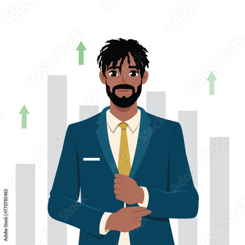 Young Black business man with high self esteem and confidence. Flat vector illustration isolated on white background