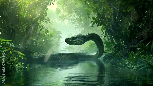 Serpents of the Rainforest: Exploring the Mythical World of Giant Snakes. Seamless looping time-lapse virtual 4k video animation background photo