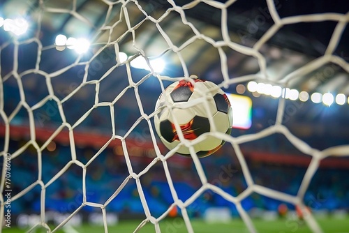 Soccer ball in the goal net on blurred background of football field. Close-up