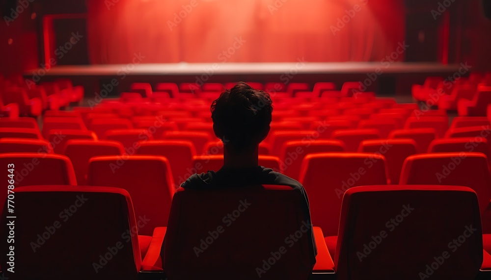 Solitary figure sits in theater's red seat, gazing ahead, cinematic ambiance Solitary figure sits in theater's red seat, gazing ahead, cinematic ambiance