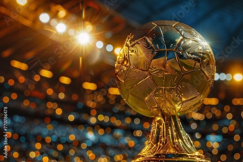 Soccer or football golden trophy cup on blurred bokeh background with copy space. The concept of sport, competition and championship. photo