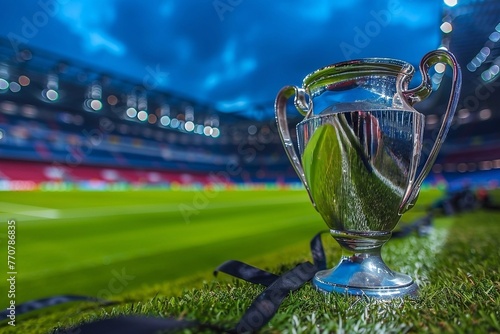 Football trophy on green grass with blurred stadium in background. European football cup