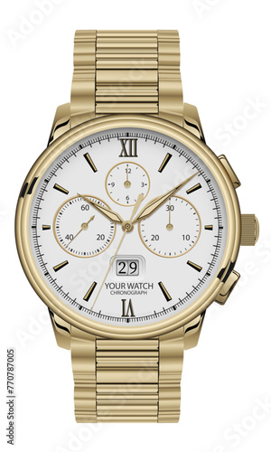 Realistic clock chronograph watch for men gold grey face black number on white background luxury vector