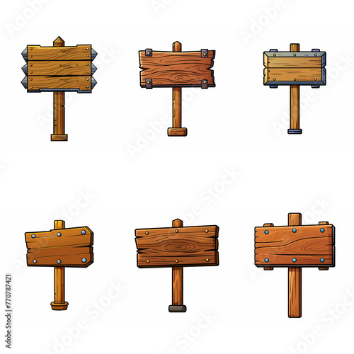 Wooden signboard set. Medieval vintage wood sign board on pole Road direction signpost collection. Rustic pointer Old blank information placard Wooden empty billboard, signboard panel. Cartoon vector.