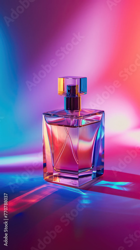 bottle of clear  perfume on pink background 