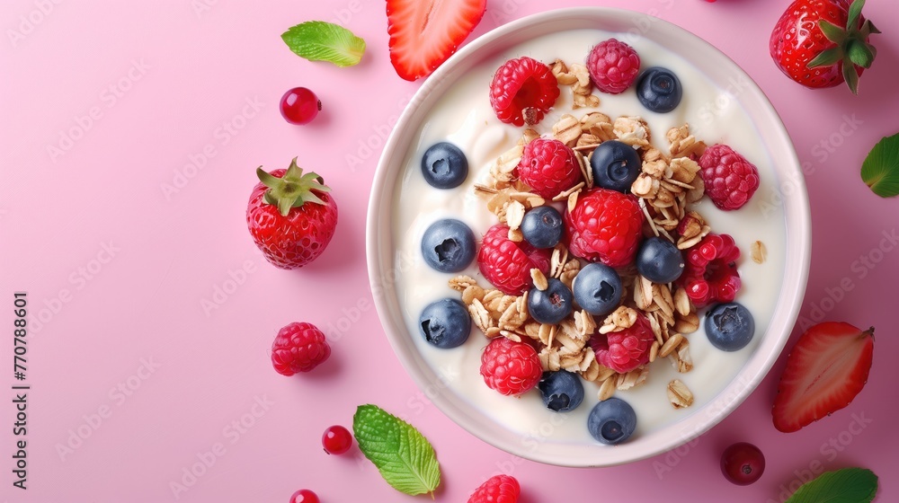 Healthy breakfast with yogurt, berries and granola on pink background Healthy breakfast with yogurt, berries and granola on pink background