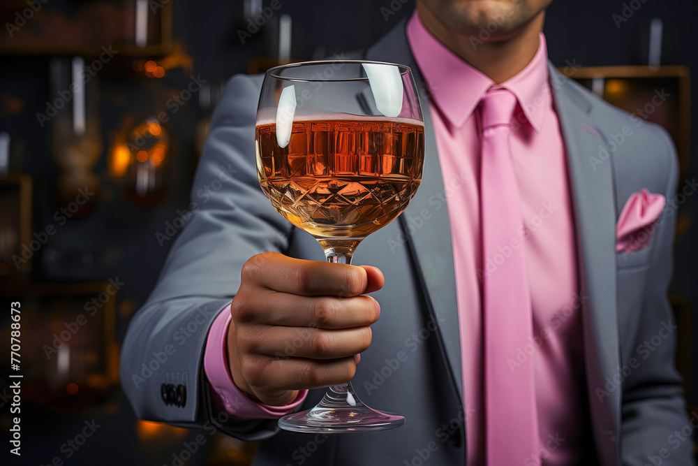 A man is holding a glass of cognac.