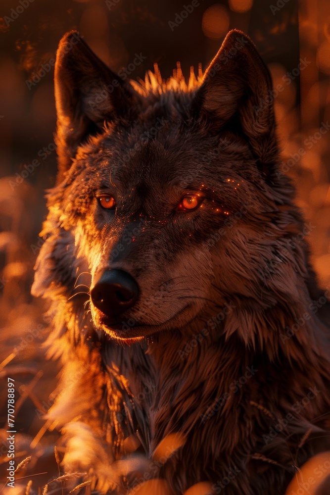 A majestic wolf, its gaze emanating authority,
