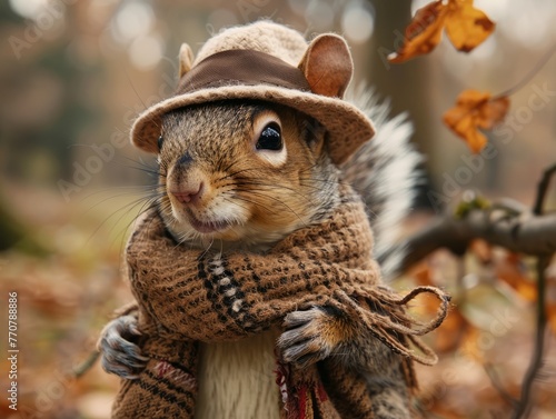 Adorable and cute squirrel portrait wearing retro and vintage clothes, retro accessories, nostalgia, vintage, 1800s, 1900s, 1920s, 1950s, 1960s, 1980, 1990, 2000s