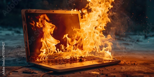 A laptop on fire due to a faulty lithium battery causing thermal runaway. Concept Lithium Battery Hazards, Laptop Fire Prevention, Thermal Runaway Risks, Tech Safety Awareness photo