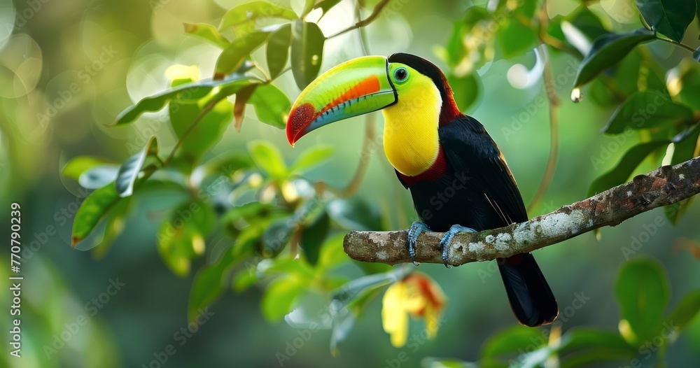 Fototapeta premium Keel-billed Toucan Amidst Verdant Forest Canopy