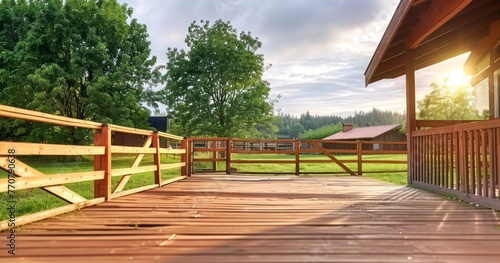 Obraz na płótnie Exterior of Horse Ranch Showcasing Expansive Wooden Deck Space w salonie
