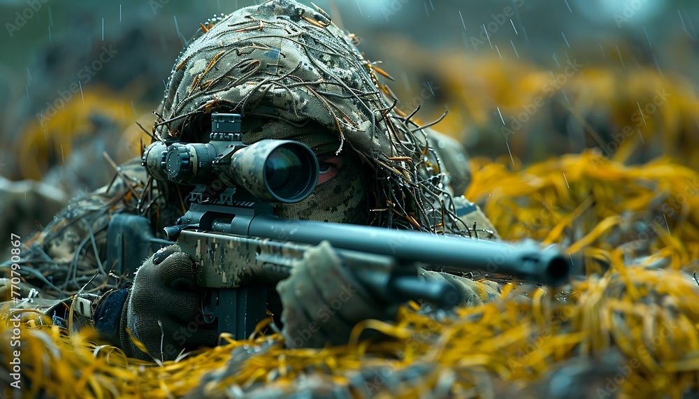 Ghillie-clad Special Forces sniper camouflaged on ground with rifle
