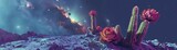 Cosmic oasis one cactus with bright neon blooms on a barren asteroid