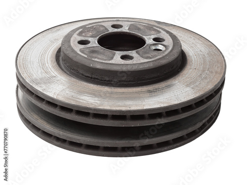 Old rusty brake disc on white background. Auto service industry. Spare parts catalog.