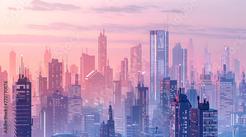Twilight bathes a digital metropolis in vibrant hues, illustrating a bustling, futuristic urban landscape