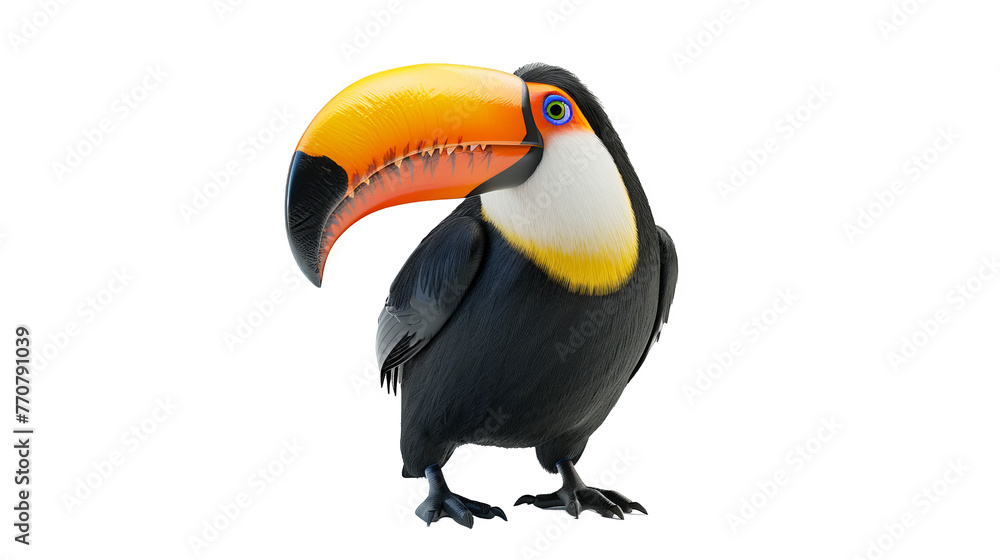 Naklejka premium A vibrant, colorful toucan with a large orange beak, standing isolated on white background