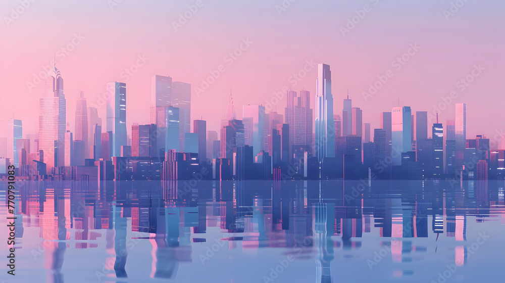 Fototapeta premium Tranquil urban skyline reflecting on still water during sunset, creating a mirror image of the modern cityscape