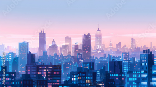 An awe-inspiring misty city skyline bathed in the warm glow of sunrise, showcasing silhouette of skyscrapers #770791047