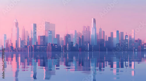 Tranquil urban skyline reflecting on still water during sunset  creating a mirror image of the modern cityscape