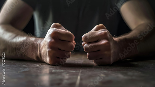 Close up of hands with fists on the table, ready to fight. conflict, angry expression photo
