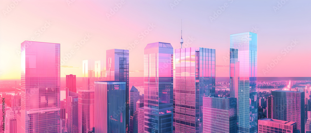 Vibrant city skyline with skyscrapers bathed in pink and blue hues of dusk reflecting the urban glow