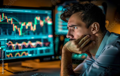 Tired man looking at computer screen with stock market charts, trading and finance concept, thinking about making money on line.