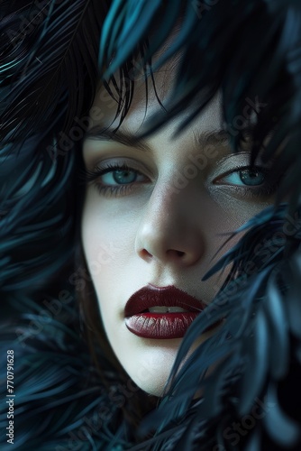 feathers ,photography Colors ,close-up portrait photograph of a wonderful and beautiful woman. The image stands out with its minimalist approach, 