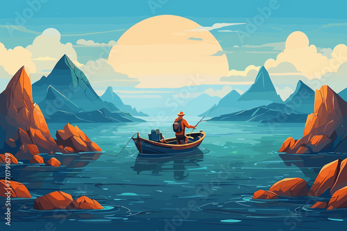 a fisherman fishing in the middle of the sea using a boat