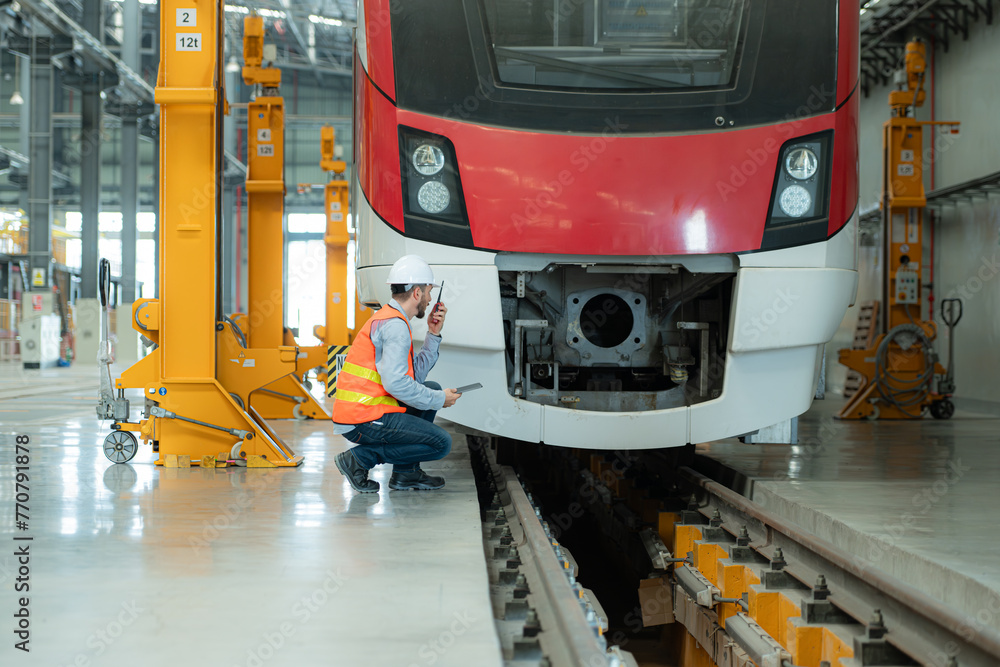 Portrait of a young male technician using a tablet working and standing in a skytrain repair station. Portrait of a young male technician using a tablet working and standing in a skytrain repair station.