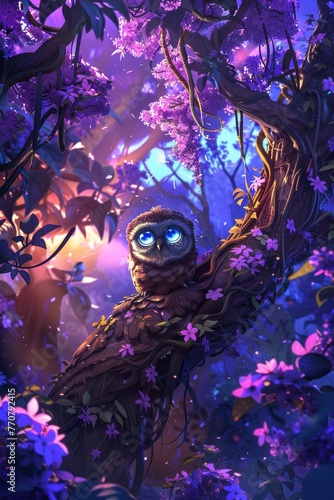 Illustrate a cartoon of a old owl  with adorable big eyes  near a large and majestic tree in a tropical forest  