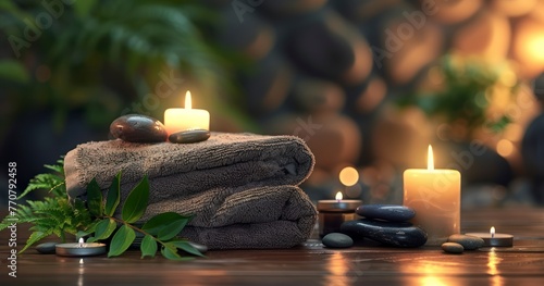 Towel on Fern, Candles, and Hot Stones for Ultimate Relaxation