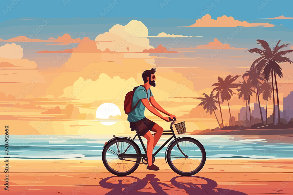 Fototapeta premium a man cycling by the beach in the afternoon
