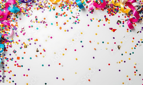 Colorful confetti and streamers on white backdrop, perfect for birthdays or New Year's celebrations. Ample copy space available
