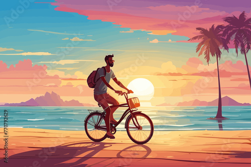 a man cycling by the beach in the afternoon
