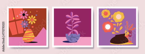 Beautiful abstract flowers and plants in pots, vase rough hand drawn vector illustration. Floral, houseplants, gardening art print.