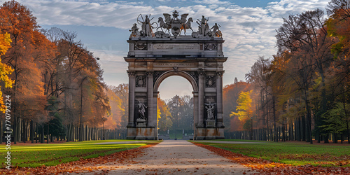 Triumphal arch Arc de Triomphe in Cinquantenaire park in Brussels. generative ai 