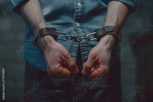 Close-up of handcuffed hands against a denim shirt photo