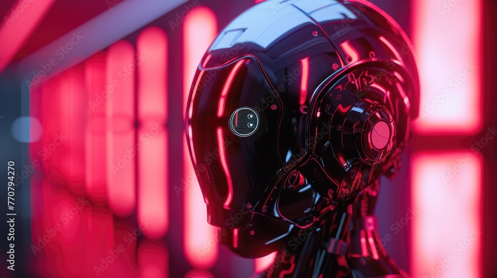 Futuristic Robot Head Profile, profile shot of a robot head with intricate details, set against a red neon light background, embodying advanced technology and AI concepts