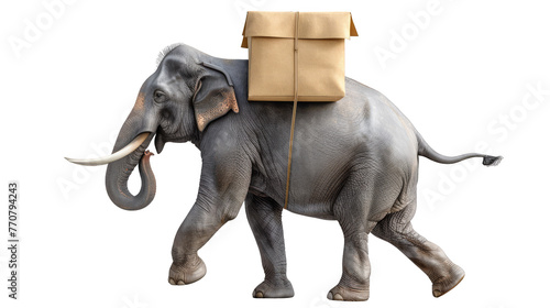 realistic of An entrepreneurial elephant on the cover  running a box delivery service in the savannah isolated on white background