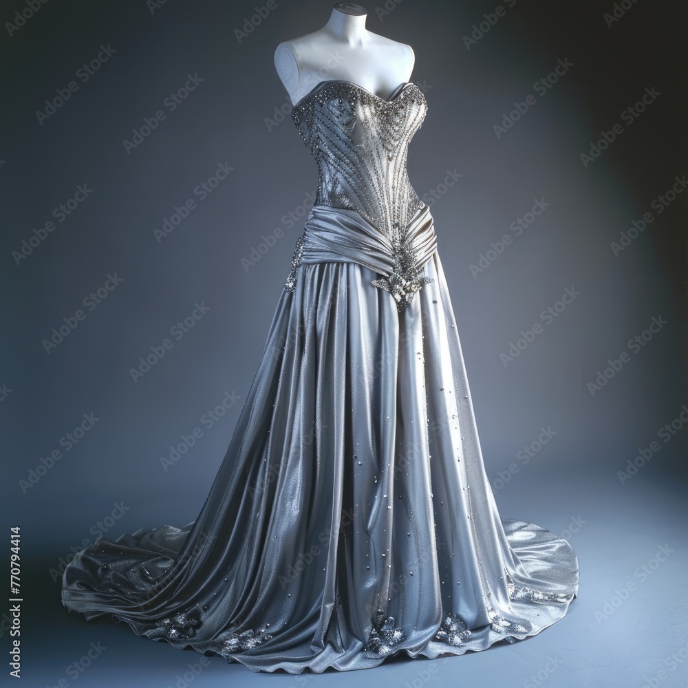 Elegant Silver Gown on Mannequin, luxurious, full-length silver evening gown on a mannequin, highlighting the exquisite fabric and intricate detailing of the dress