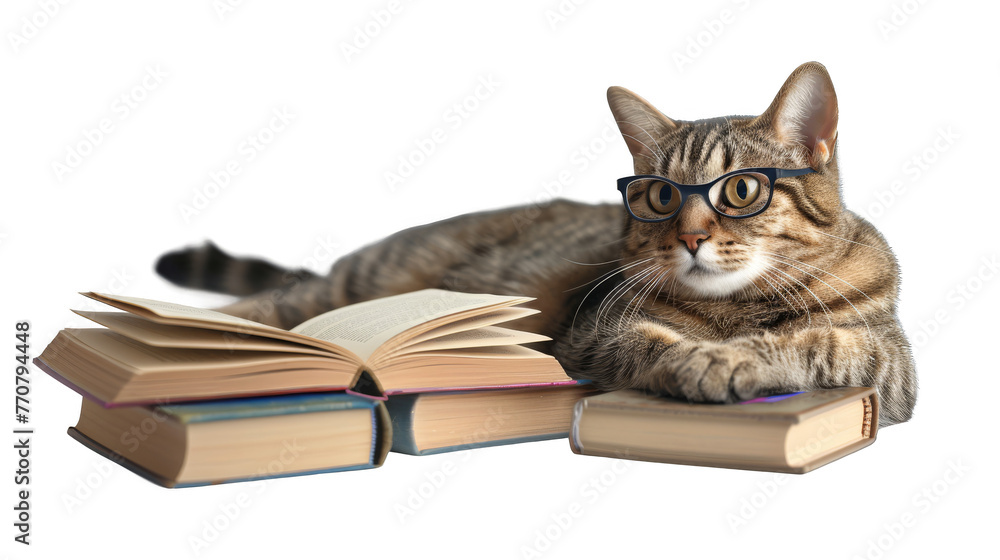Clever cat owning a popular bookstore isolate on transparent background, cutout, png Clever cat owning a popular bookstore isolate on transparent background, cutout, png