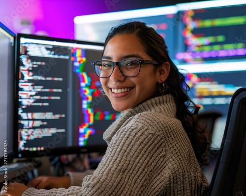 Smiling Female Latina Programmer Working on Software at PC in High-Tech Office Environment