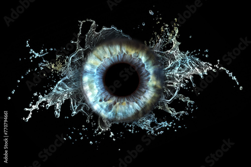 Blue green iris on a black background with splashes isolated on a black background