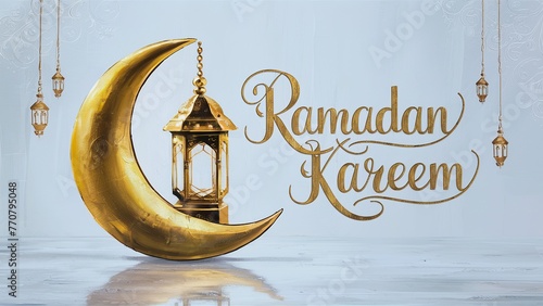 Typography Ramadan Kareem. Ramadan Greeting Illustration with lantern and moon.