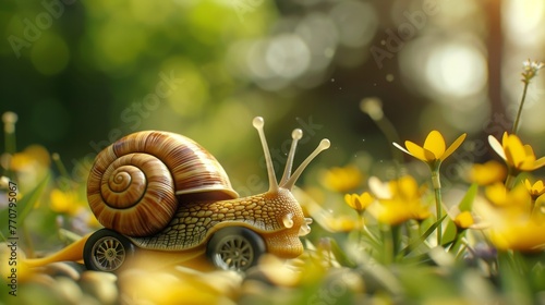 realistic of A sunny snail on the cover, slowly driving a tiny car in the garden isolated on white background