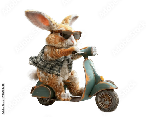 Realistic of a rabbit on the cover, riding a motorbike isolated on white background