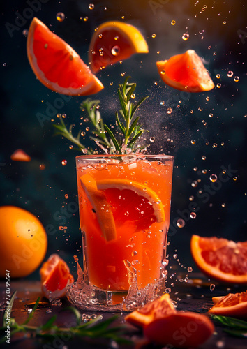 A tangy grapefruit juice in a glass, with grapefruit wedges dropping and rosemary sprigs flying, captured with moody tones and expert food photography lighting.