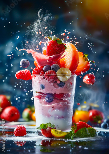  A mixed fruit smoothie in a glass, with various fruits dropping and yogurt blending, against a dark, moody background illuminated by professional lights.